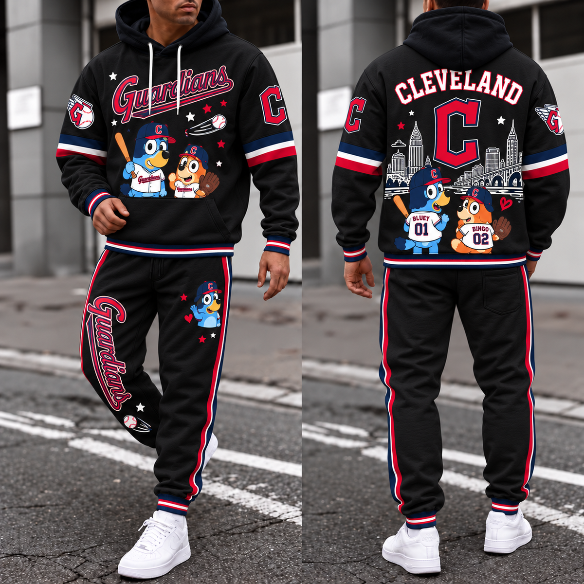CLE x Blue Cartoon Character Hoodie Pants Set - Printed