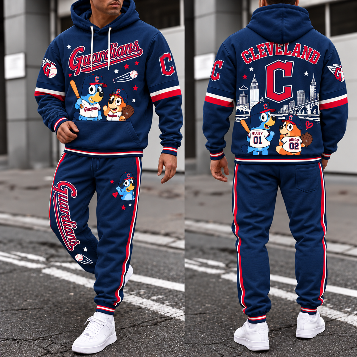 CLE x Blue Cartoon Character Hoodie Pants Set - Printed