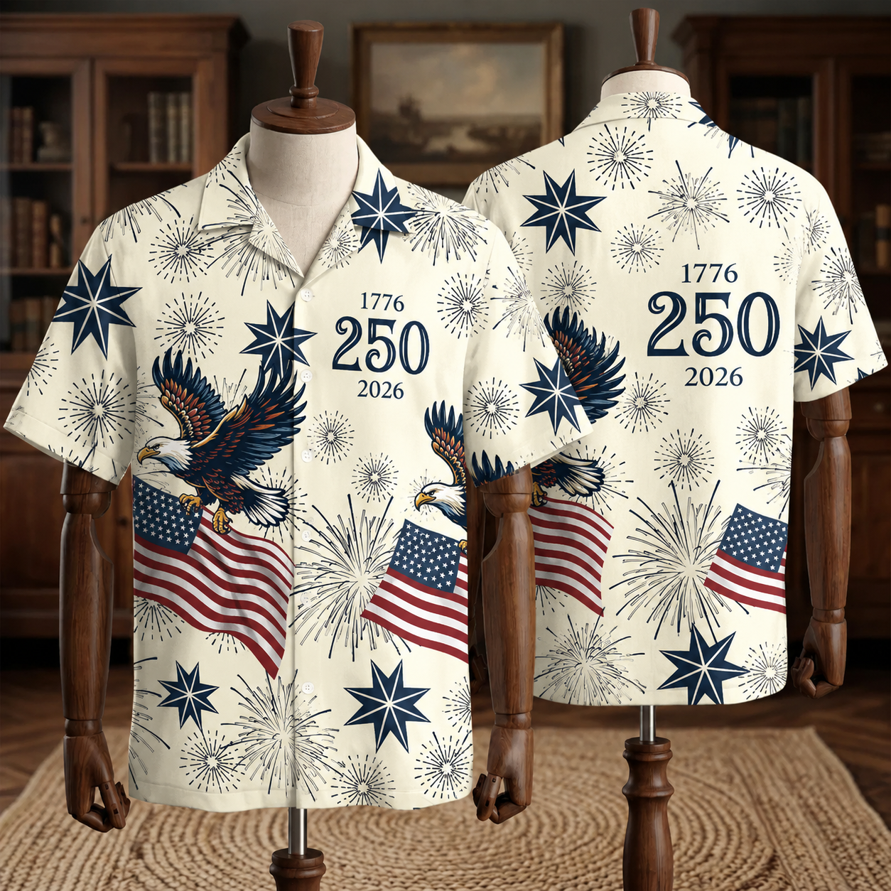 America 250th Anniversary Toile De Jouy Style Patriotic Hawaiian Shirt