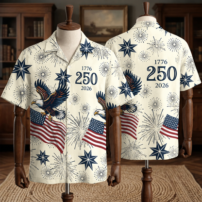 America 250th Anniversary Toile De Jouy Style Patriotic Hawaiian Shirt