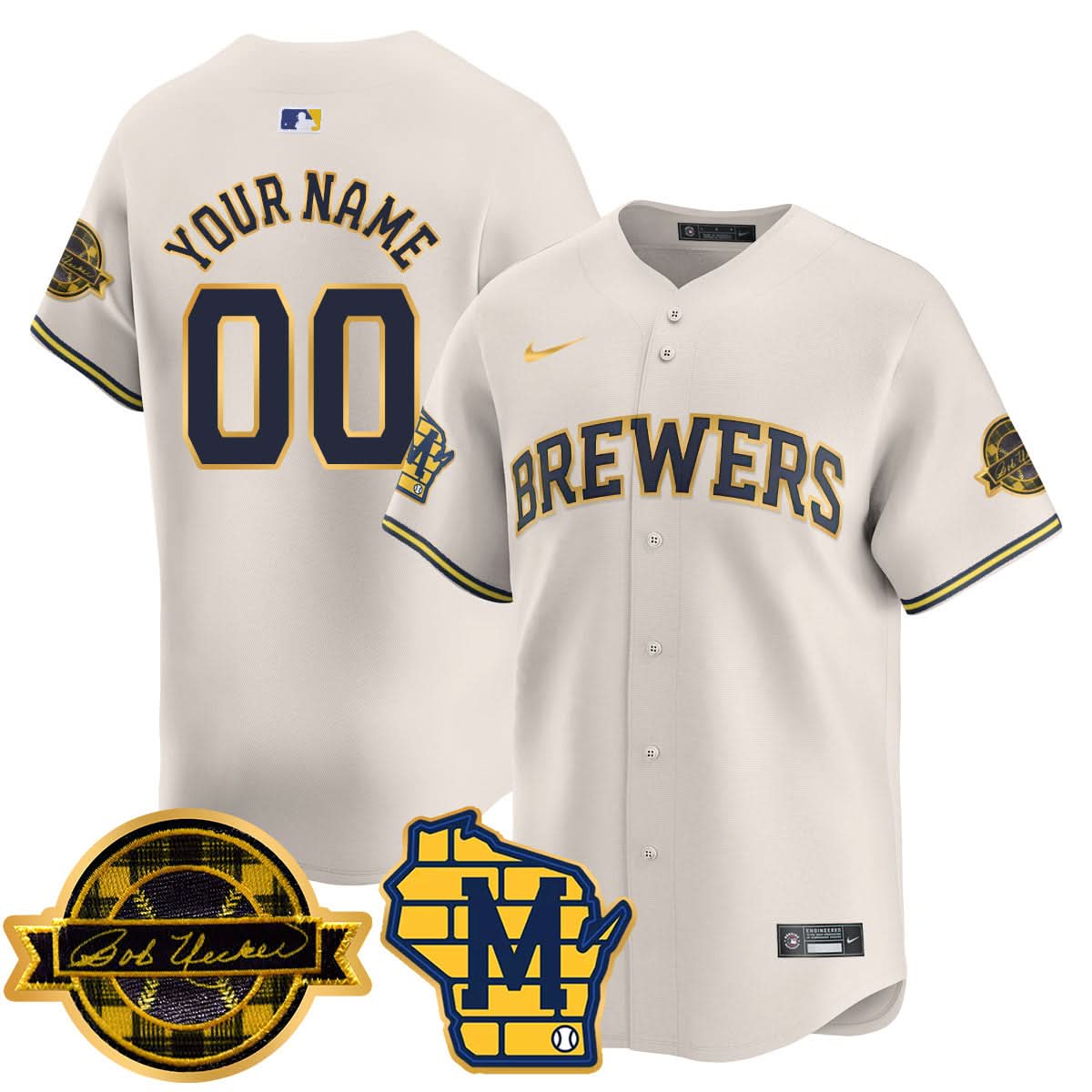 Milwaukee Brewers 2025 Gold Custom Jersey - Bob Uecker Patch - All Stitched