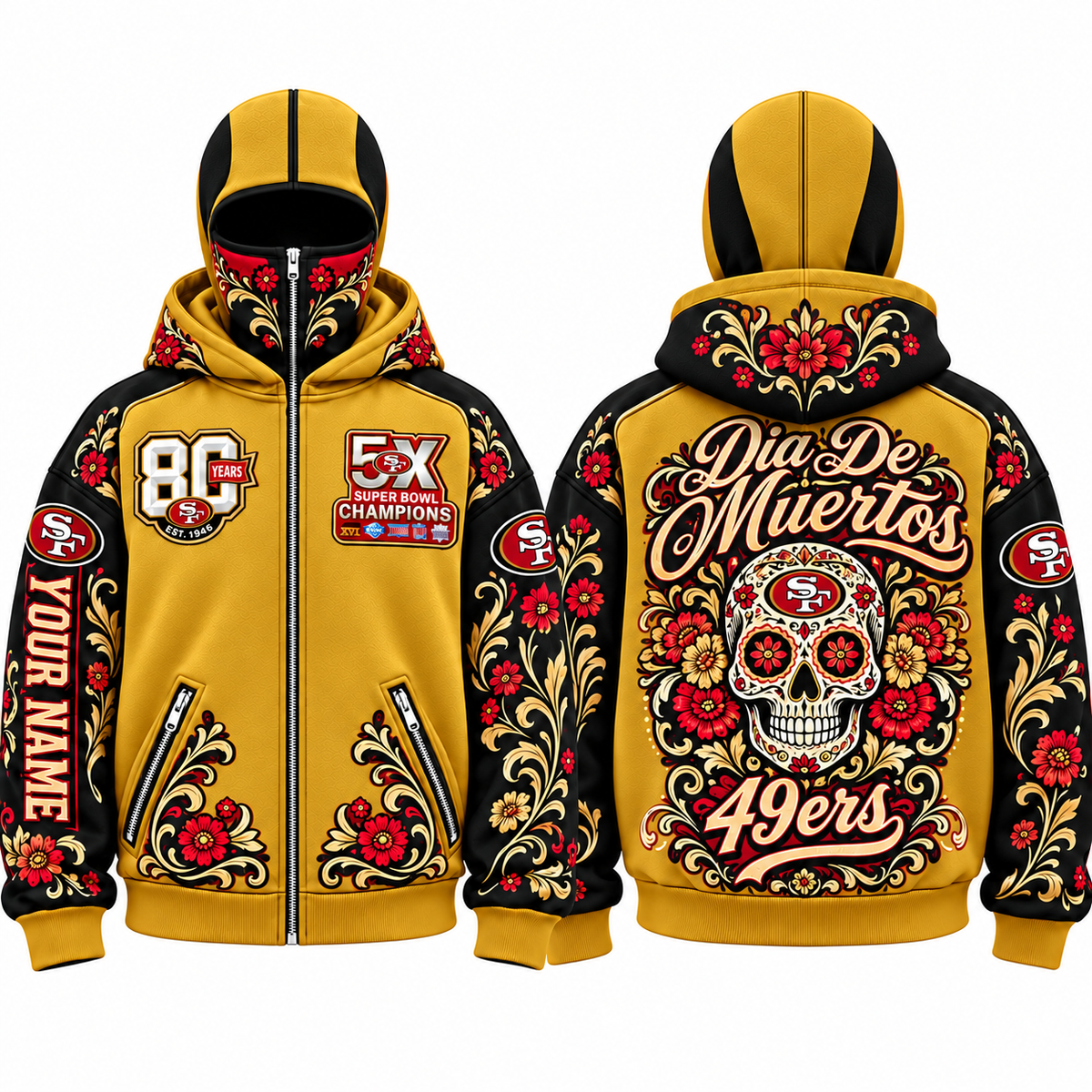SF Día de los Muertos Personalized Mask Zip Up Hoodie - Printed V2