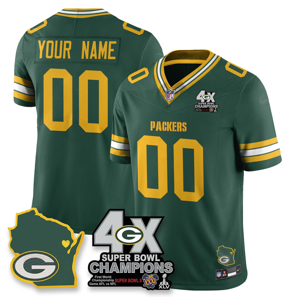 Custom GB 4-Time Champions Patch Vapor Limited Jersey - All Stitched
