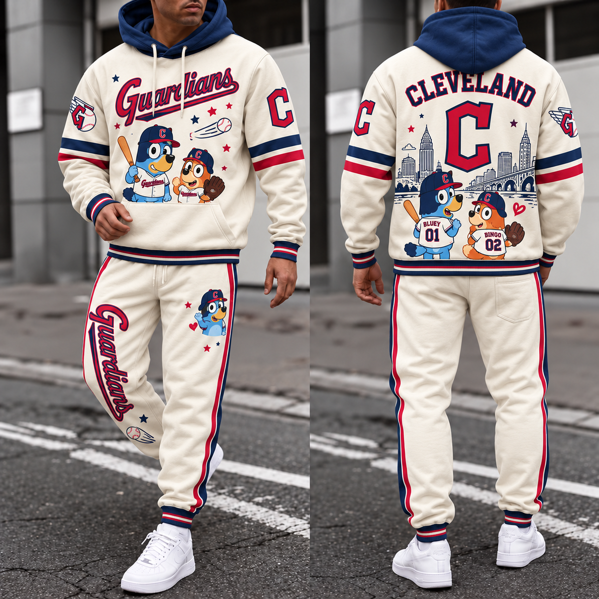 CLE x Blue Cartoon Character Hoodie Pants Set - Printed