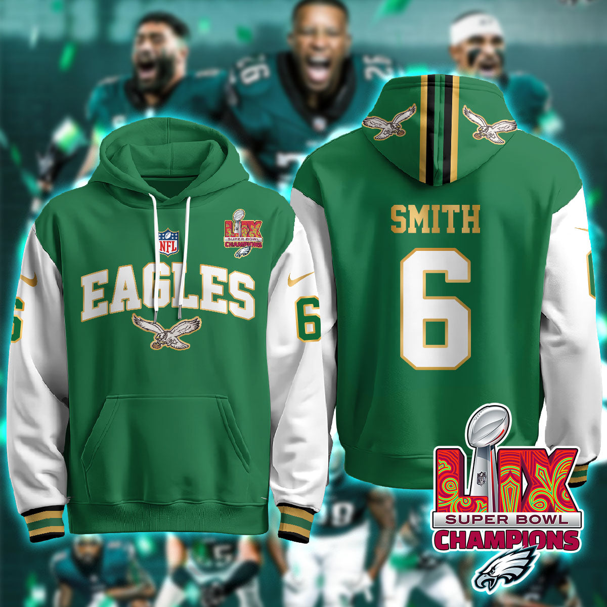 Philadelphia Eagles Super Bowl LIX Champions Gold Hoodie - All Stitched