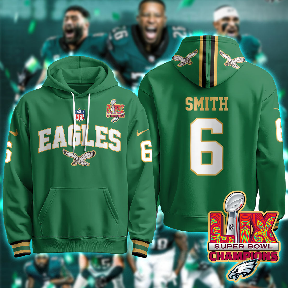 Philadelphia Eagles Super Bowl LIX Champions Gold Hoodie - All Stitched