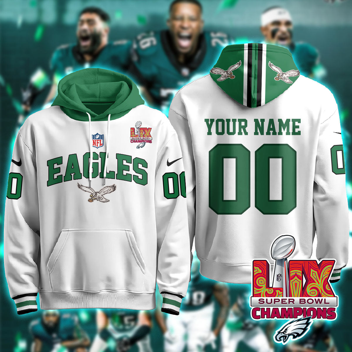 Philadelphia Eagles Super Bowl LIX Champions Custom Hoodie - All Stitched