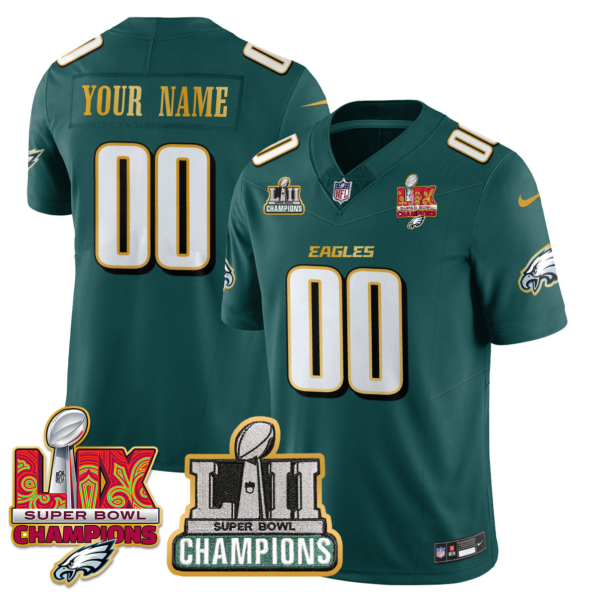 Philadelphia Eagles LII-LIX Super Bowl Champions Gold Custom Jersey - All Stitched