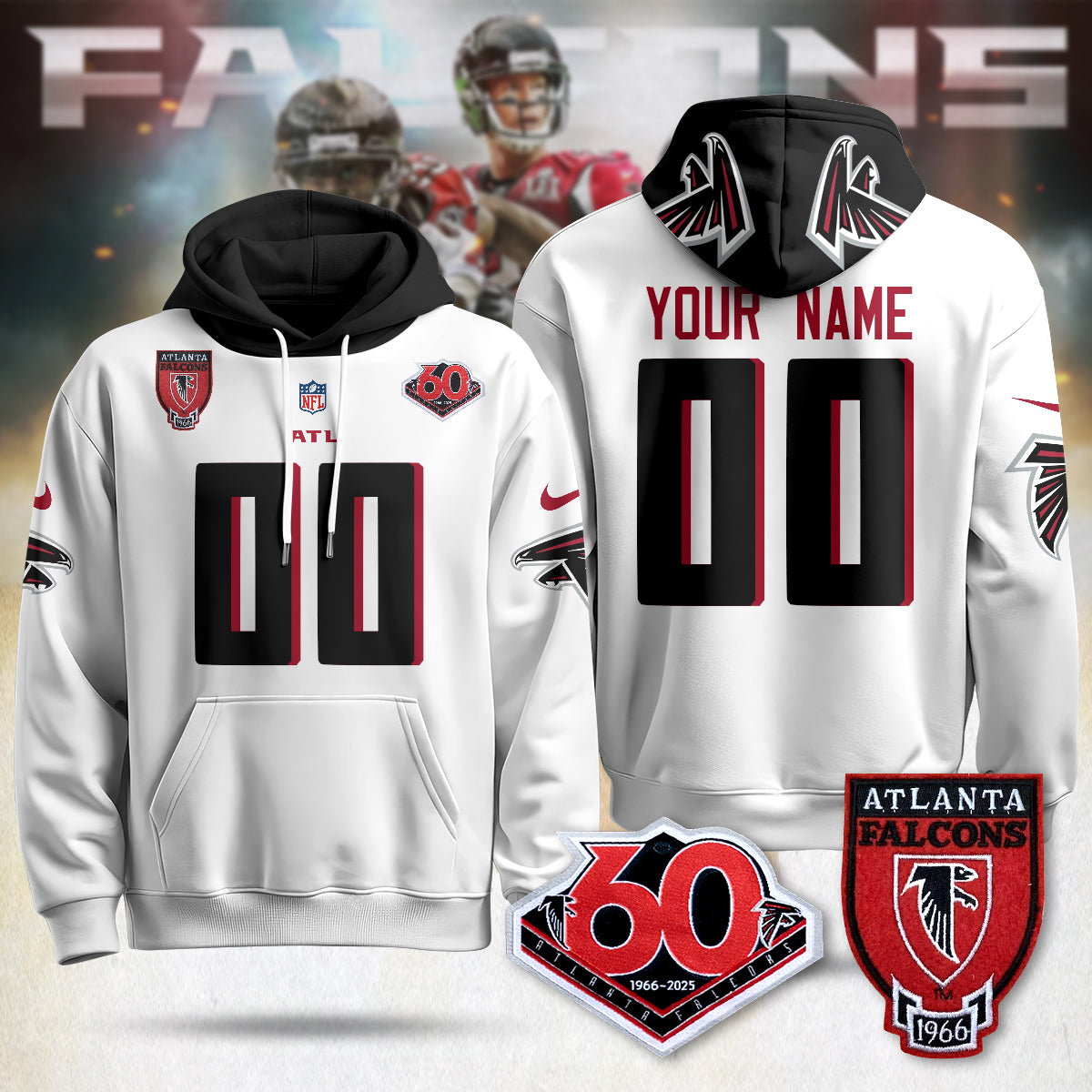 Custom Atlanta Falcons 60th Season Pullover Hoodie - All Stitched