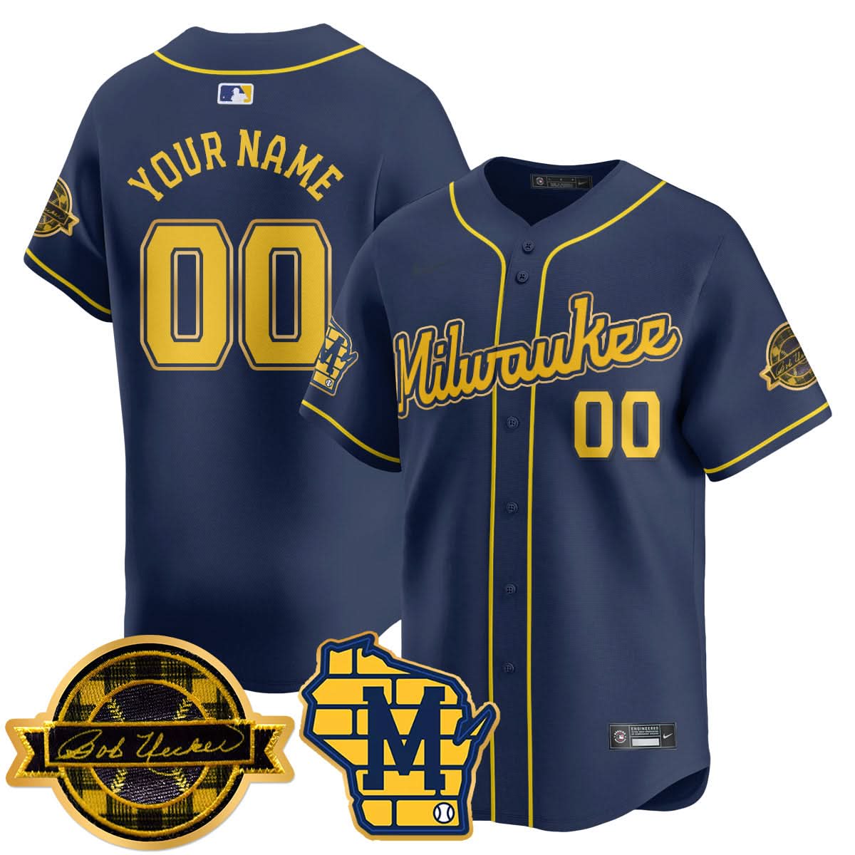 Milwaukee Brewers 2025 Gold Custom Jersey - Bob Uecker Patch - All Stitched