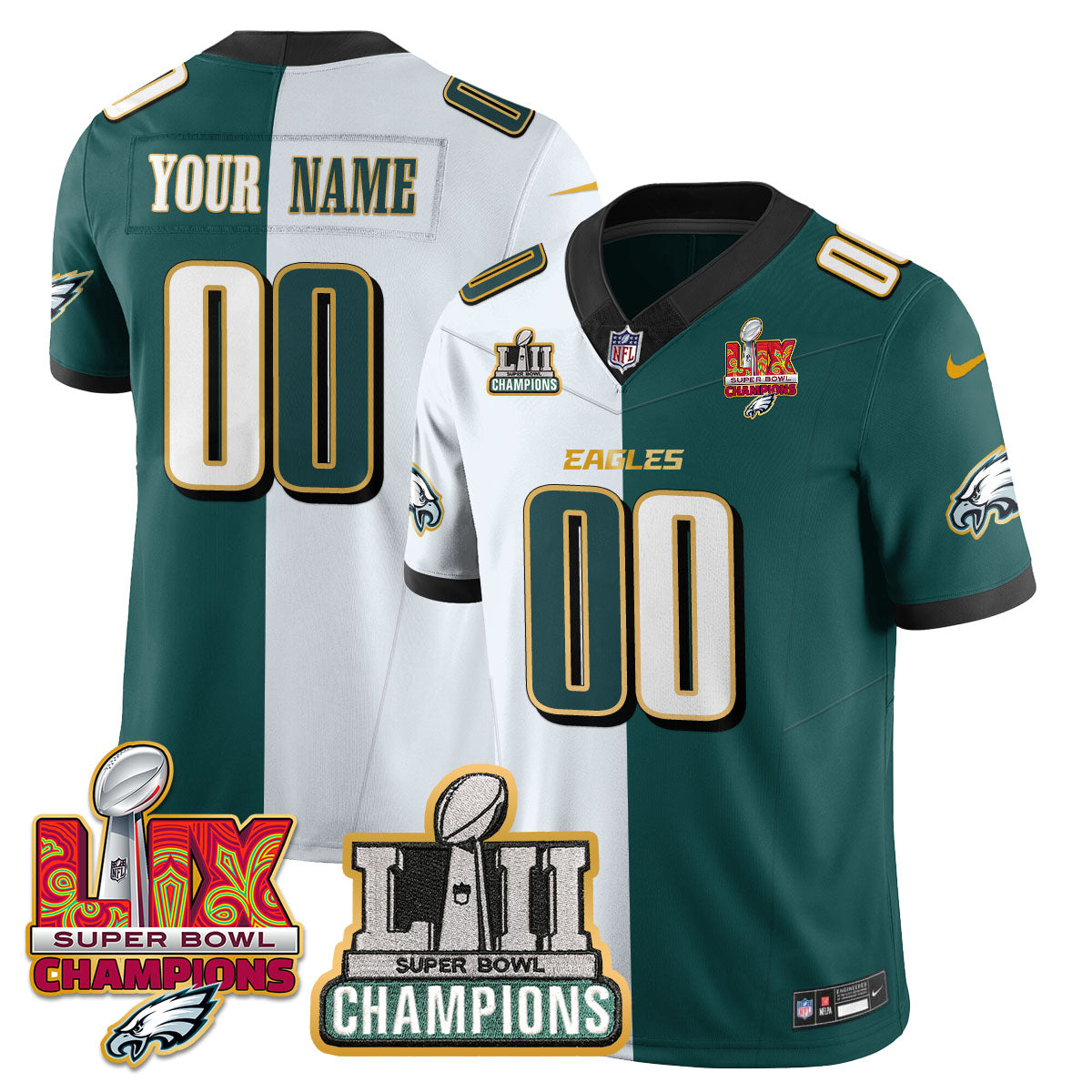 Philadelphia Eagles LII-LIX Super Bowl Champions Gold Custom Jersey - All Stitched