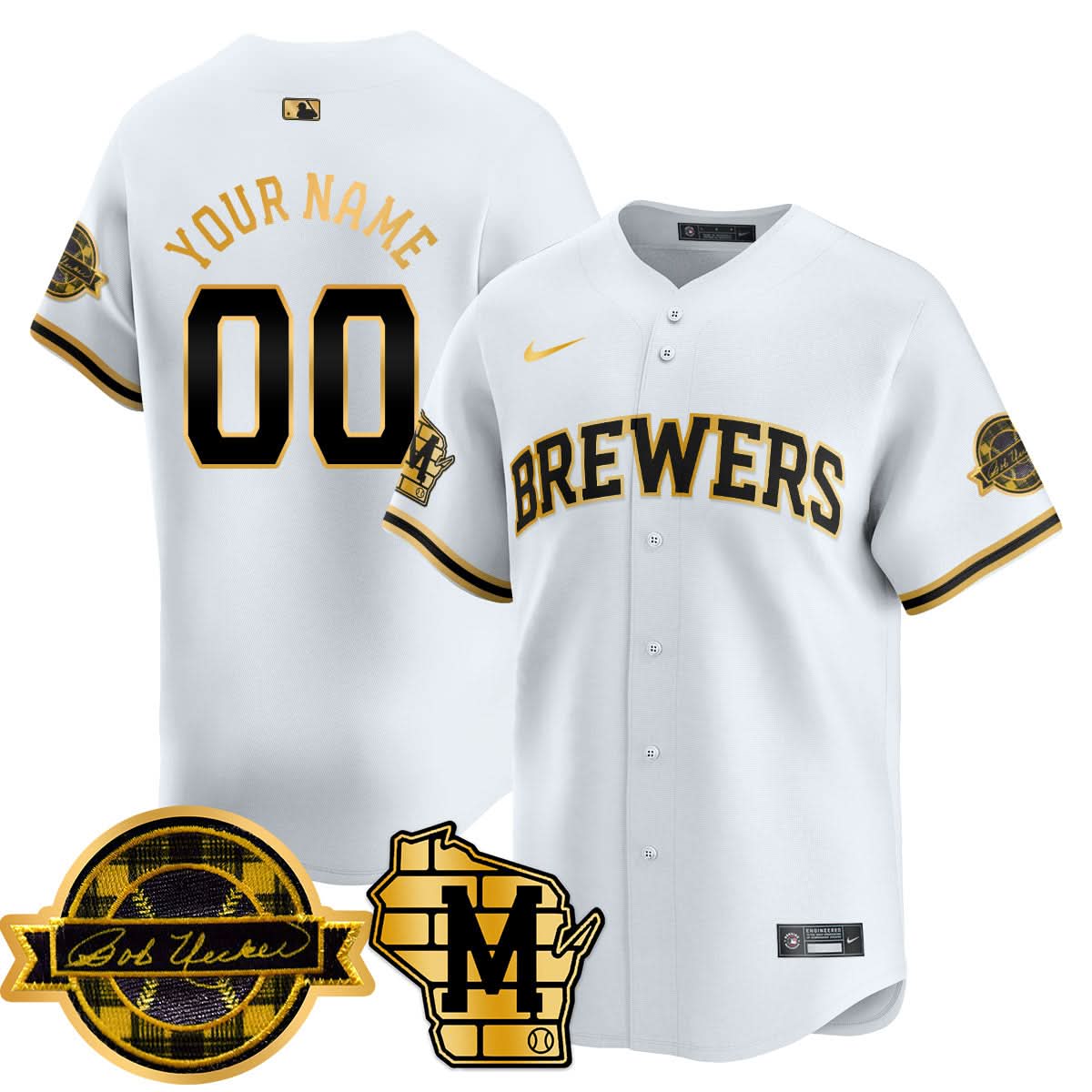 Milwaukee Brewers 2025 Gold Custom Jersey - Bob Uecker Patch - All Stitched