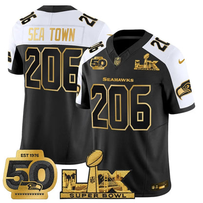 SEA "Super Bowl LX & 50th Patch" Gold Vapor Jersey - Stitched