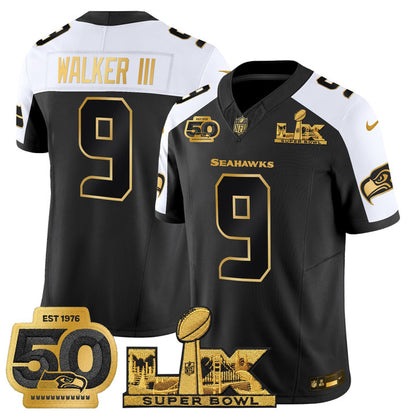 SEA "Super Bowl LX & 50th Patch" Gold Vapor Jersey - Stitched