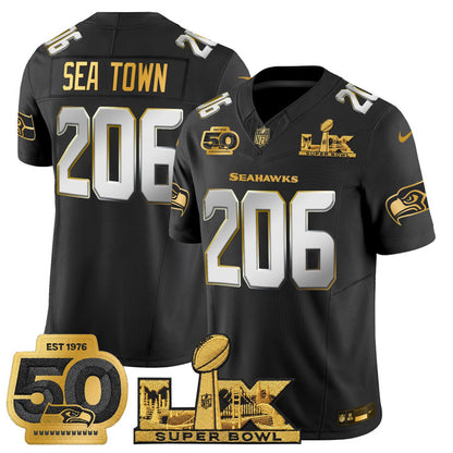 SEA "Super Bowl LX & 50th Patch" Gold Vapor Jersey - Stitched