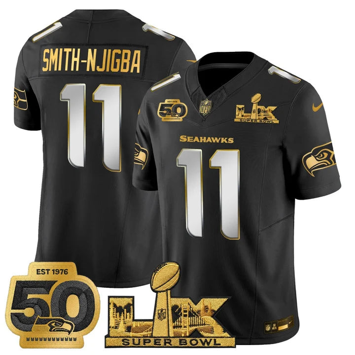 SEA "Super Bowl LX & 50th Patch" Gold Vapor Jersey - Stitched