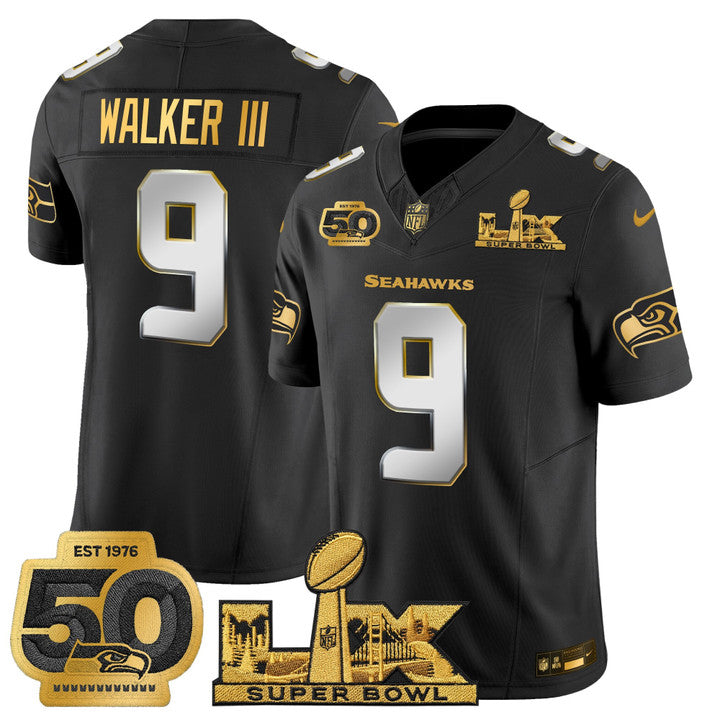 SEA "Super Bowl LX & 50th Patch" Gold Vapor Jersey - Stitched
