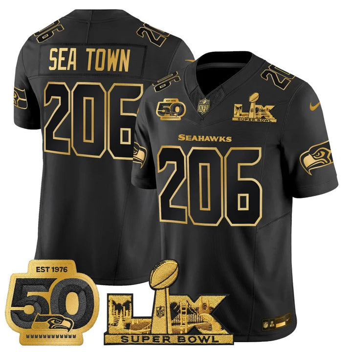 SEA "Super Bowl LX & 50th Patch" Gold Vapor Jersey - Stitched