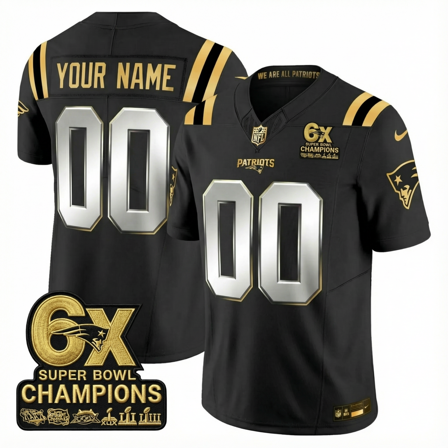 NE 2025 6x Champions Patch Gold Vapor Limited Custom Jersey - All Stitched