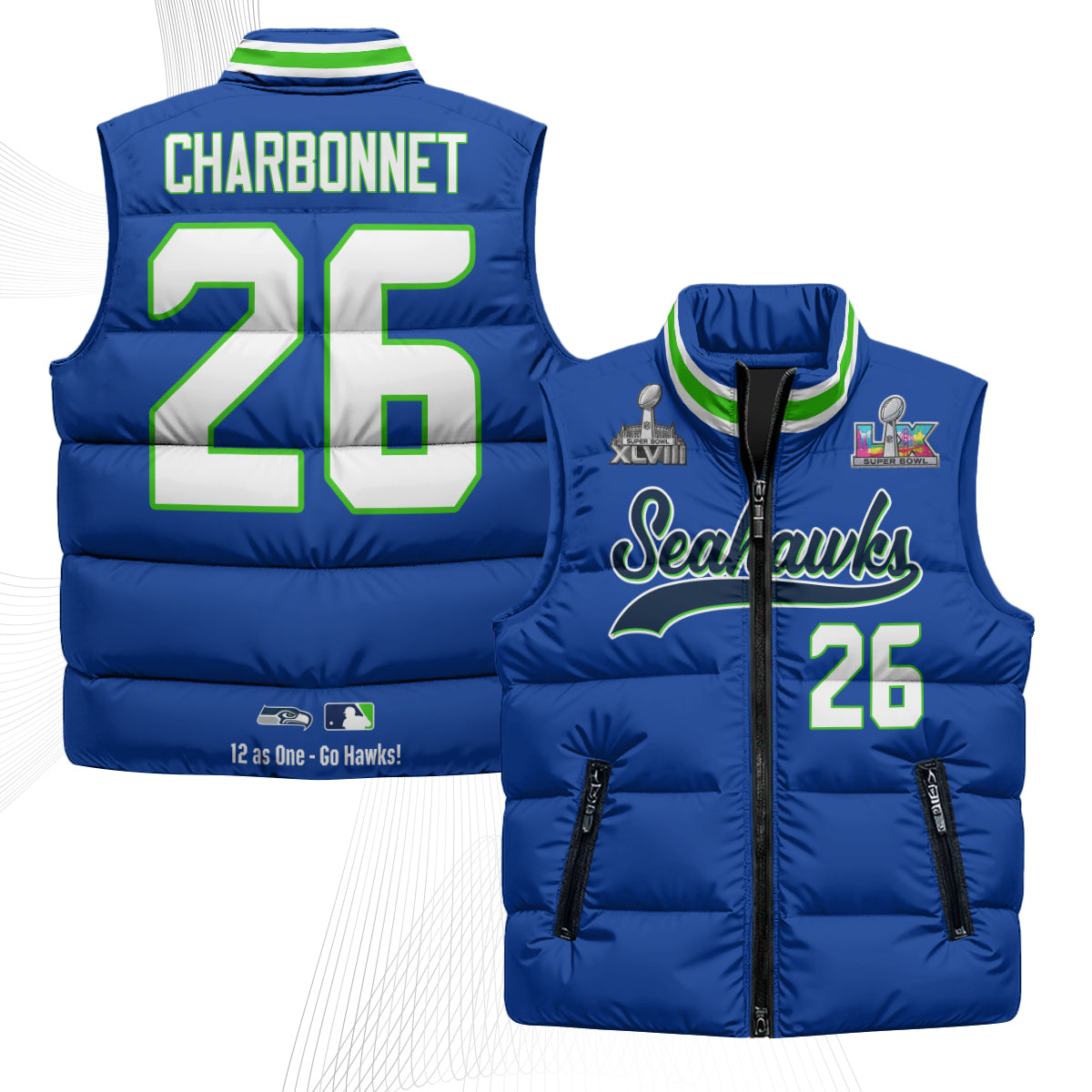 Seattle Seahawks S.Bowl Champs Puffer Vest - Printed