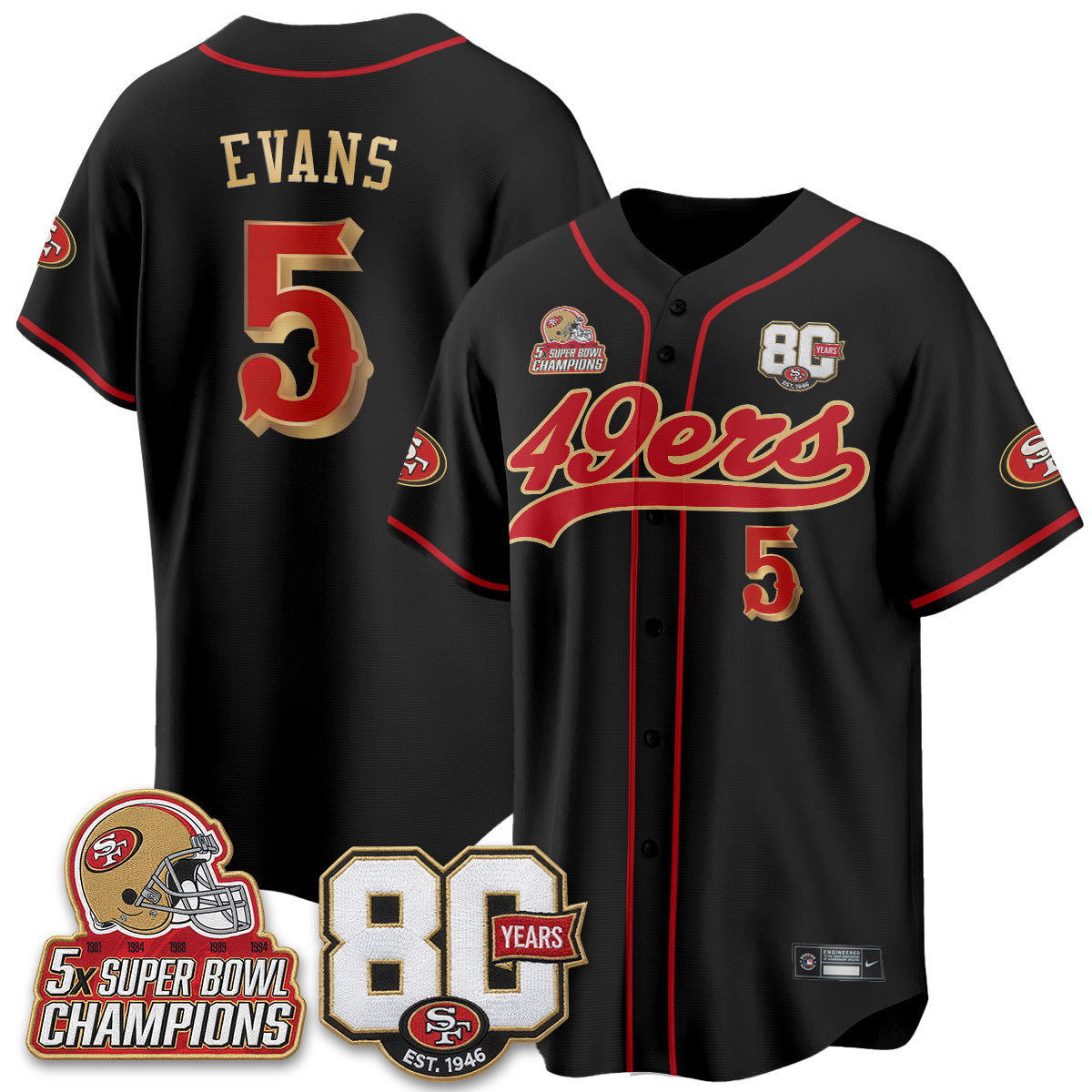 San Francisco 49ers 80 Years & 5X Champs Vapor Baseball Jersey - Stitched