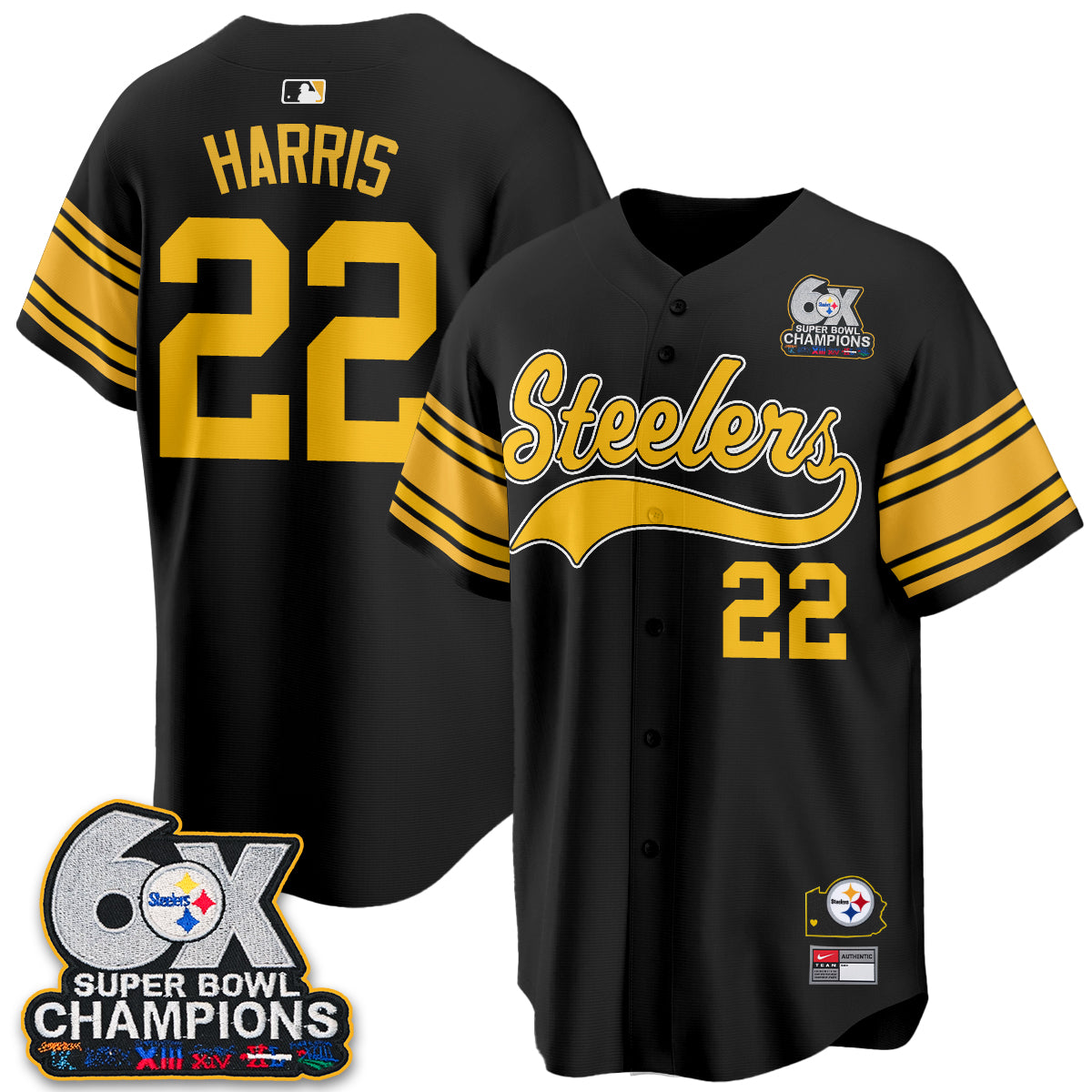Pittsburgh Steelers 6X Champs Throwback Baseball Vapor Jersey - Stitched