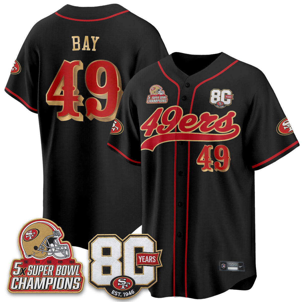 San Francisco 49ers 80 Years & 5X Champs Vapor Baseball Jersey - Stitched