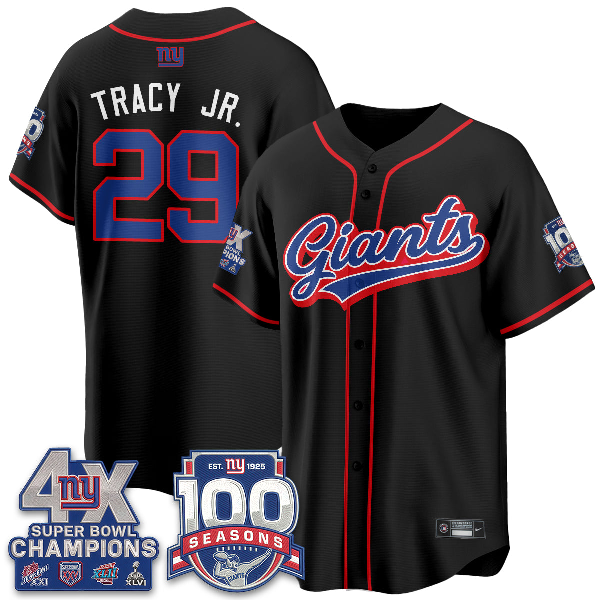 New York Giants 4X Champs & 100 Anniversary Vapor Baseball Jersey - Stitched