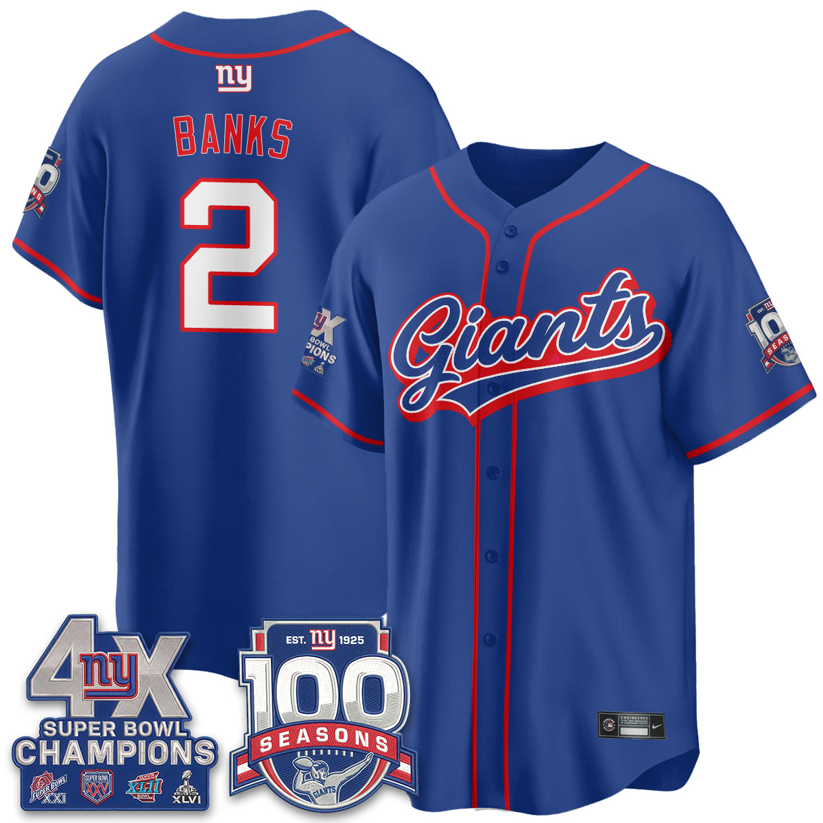 New York Giants 4X Champs & 100 Anniversary Vapor Baseball Jersey - Stitched