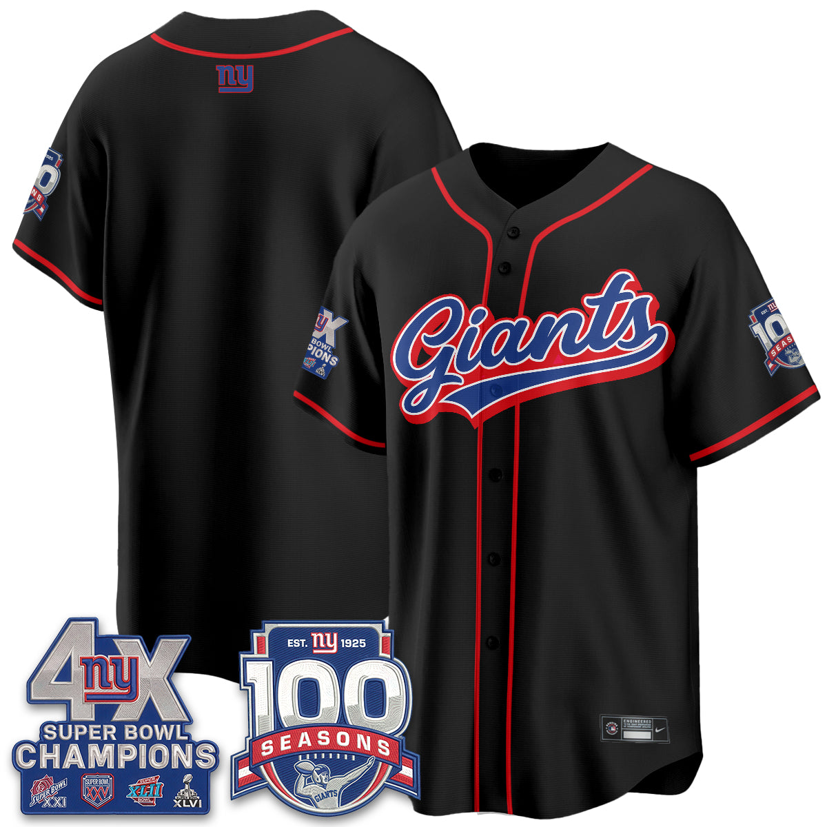 New York Giants 4X Champs & 100 Anniversary Vapor Baseball Jersey - Stitched
