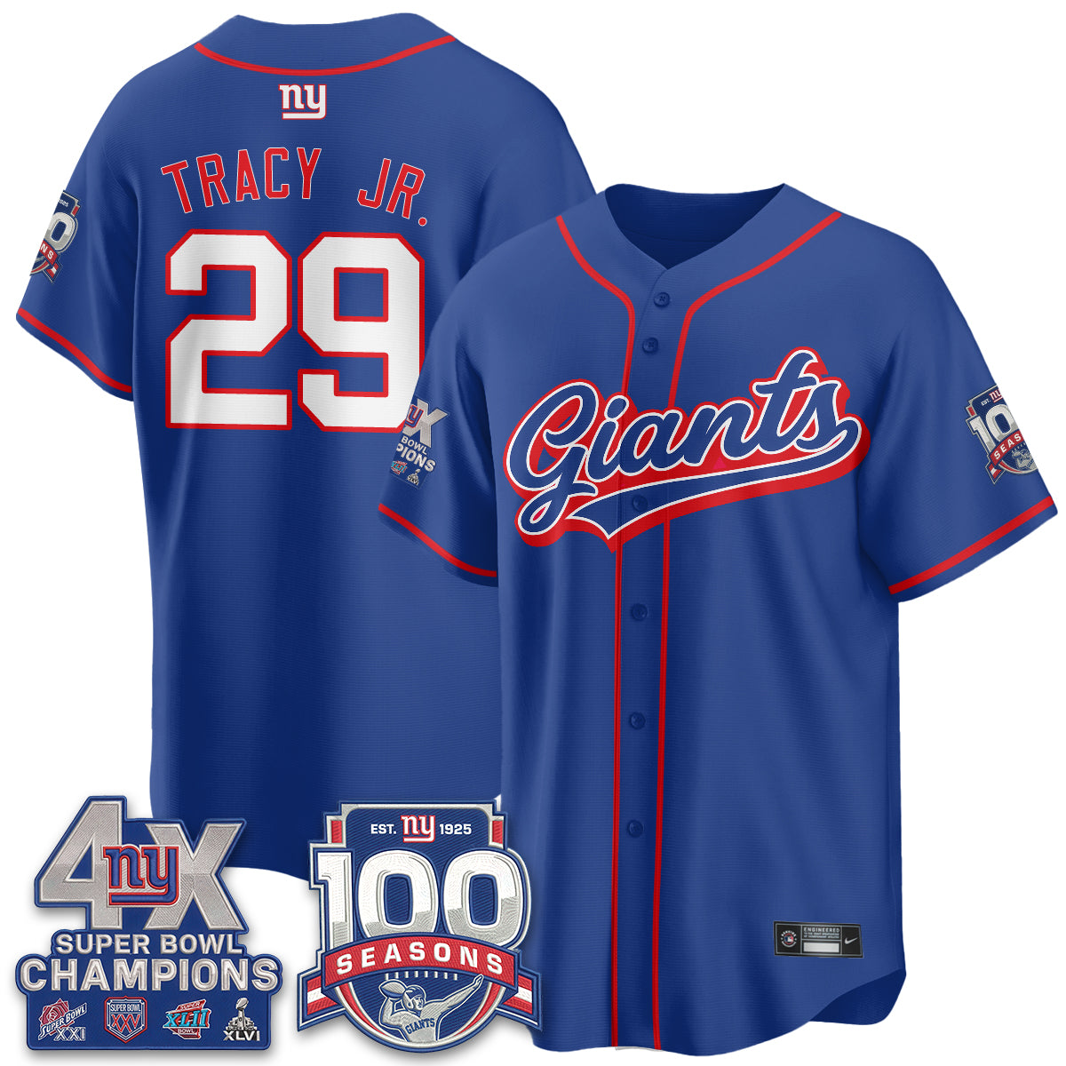 New York Giants 4X Champs & 100 Anniversary Vapor Baseball Jersey - Stitched