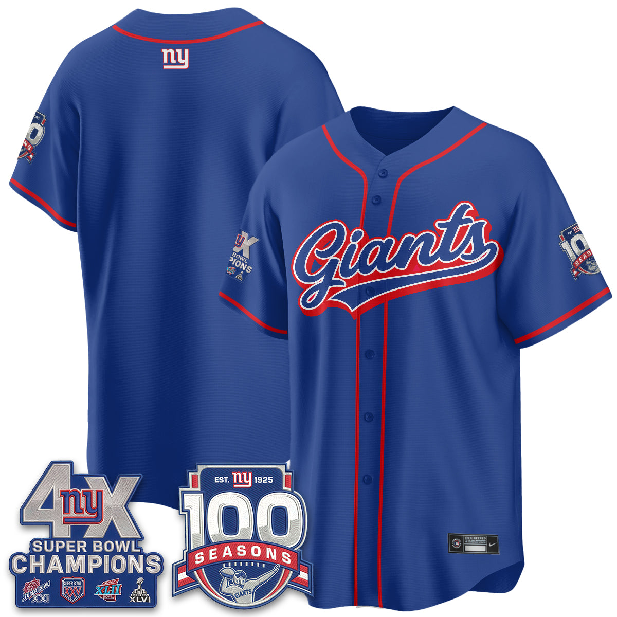 New York Giants 4X Champs & 100 Anniversary Vapor Baseball Jersey - Stitched