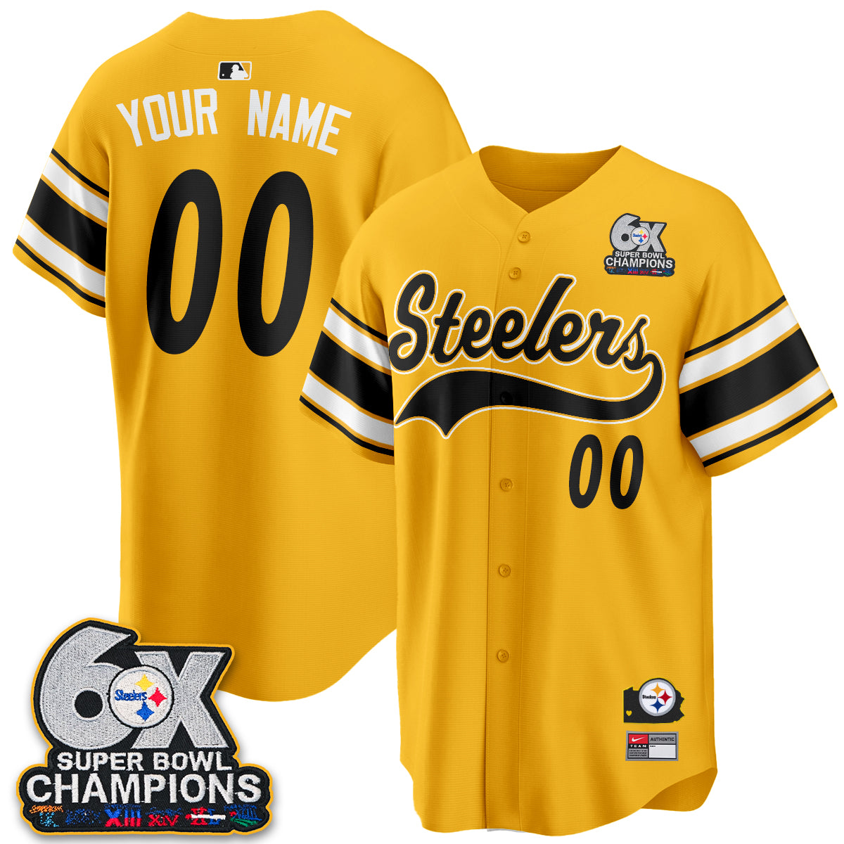 Pittsburgh Steelers 6X Champs Throwback Baseball Vapor Custom Jersey - Stitched