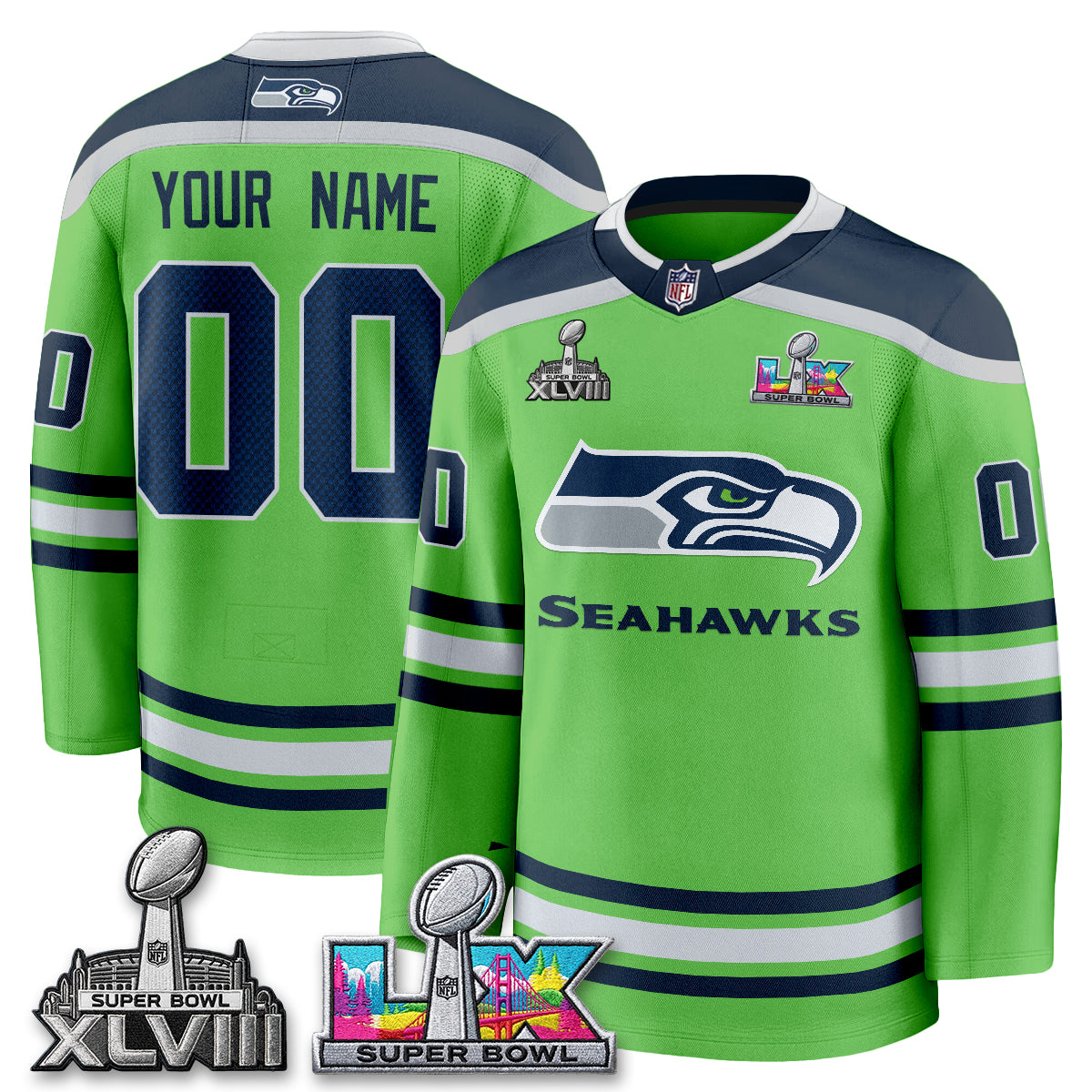 SEA 2X S.Bowl Champions Patch Custom Hockey Jersey - Stitched