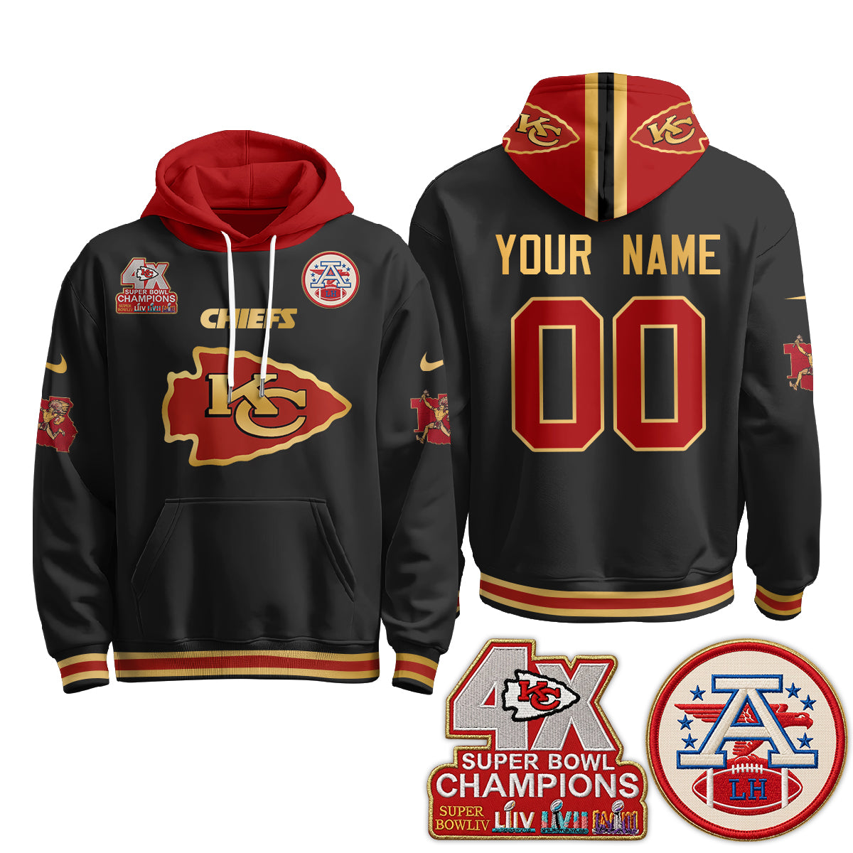 Kansas City Chiefs 4X Champs Gold Edition Custom Hoodie - Stitched