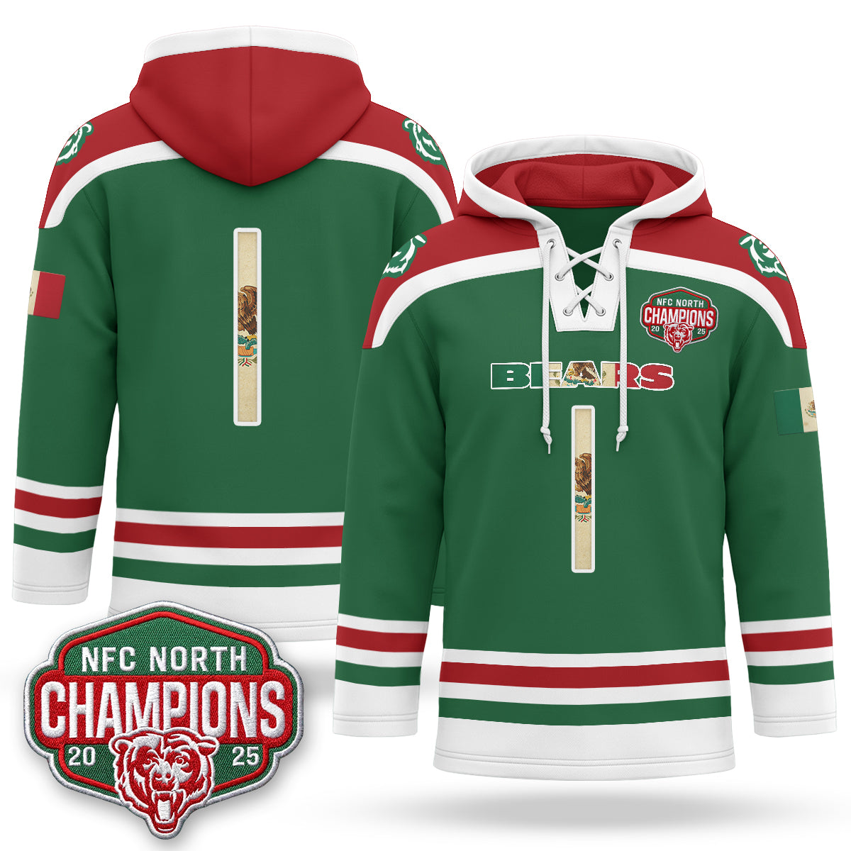 CHI 2026 Mexico NFC North Champions 2025 Patch Hockey Hoodie - Stitched