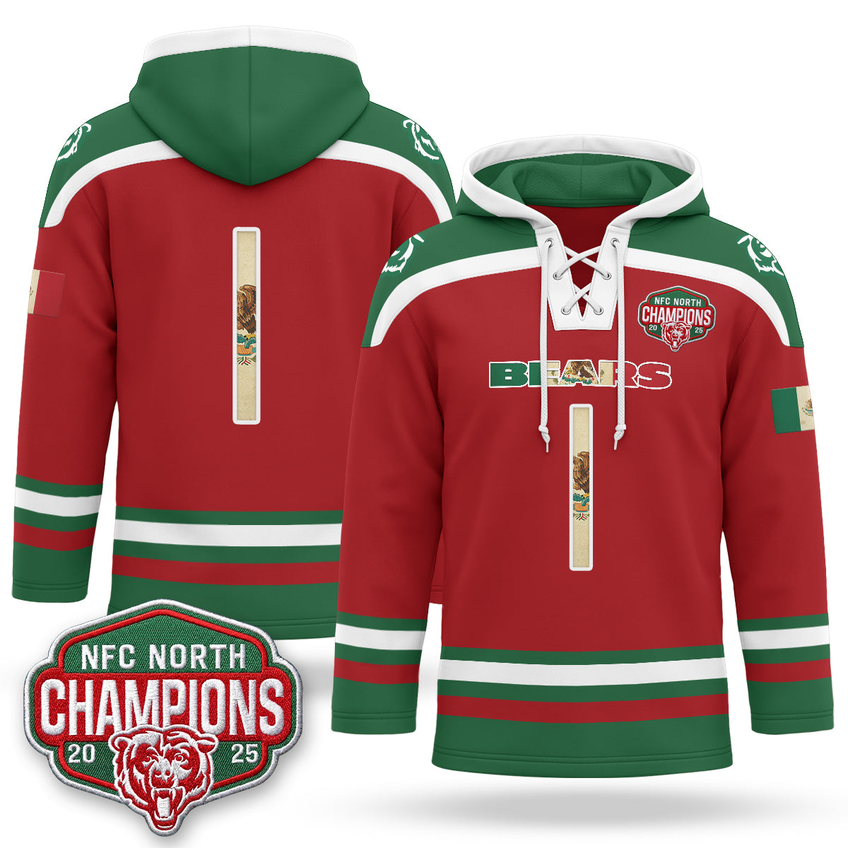CHI 2026 Mexico NFC North Champions 2025 Patch Hockey Hoodie - Stitched