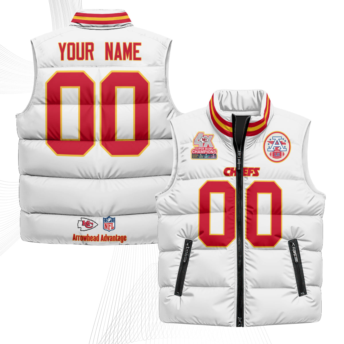Kansas City Chiefs 4X Champs Gold Edition Custom Puffer Vest - Printed