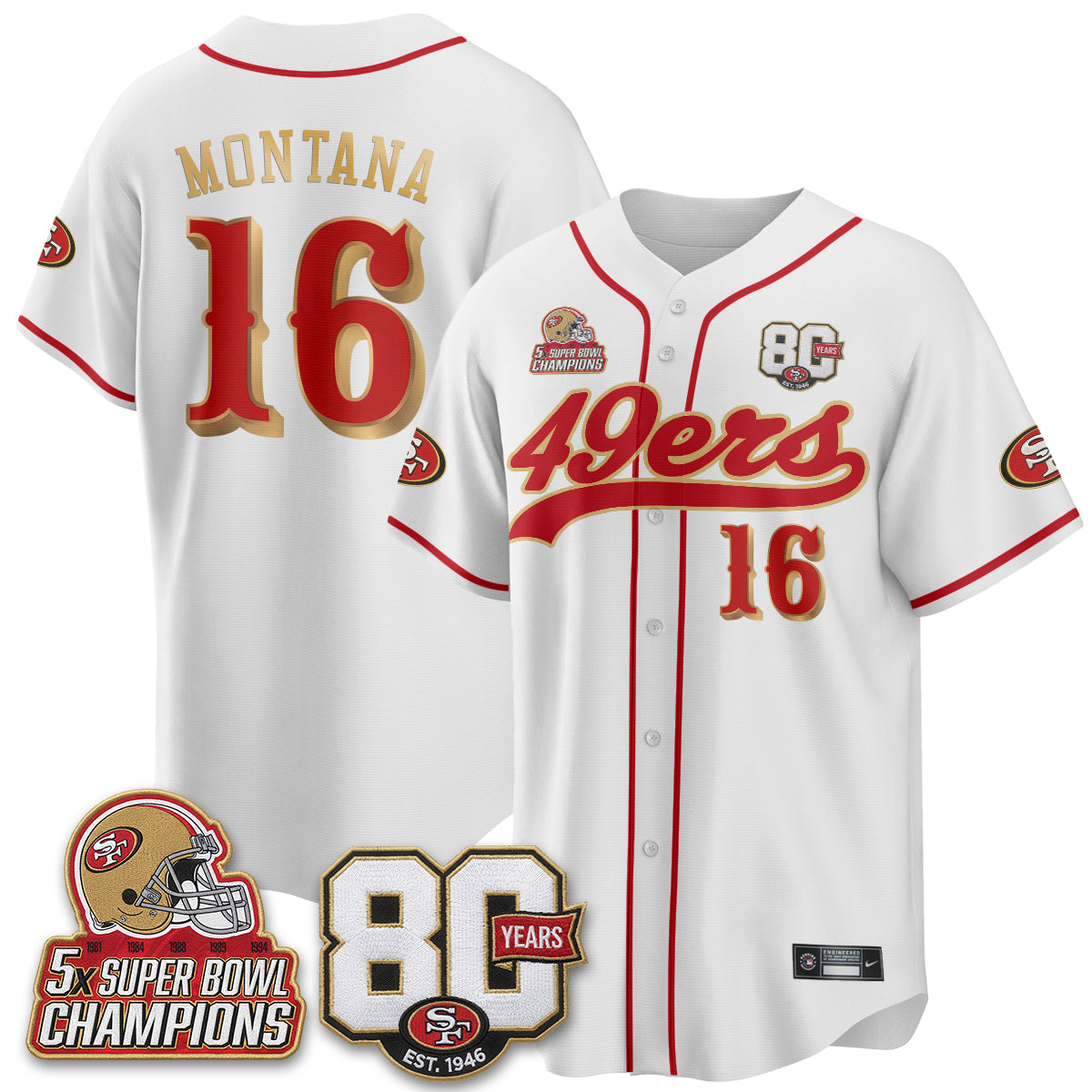 San Francisco 49ers 80 Years & 5X Champs Vapor Baseball Jersey - Stitched