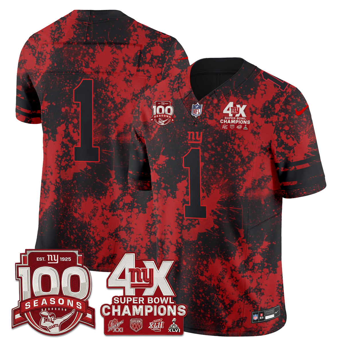 NYG 4X Champs Blood Splash Edition Vapor Jersey - Stitched