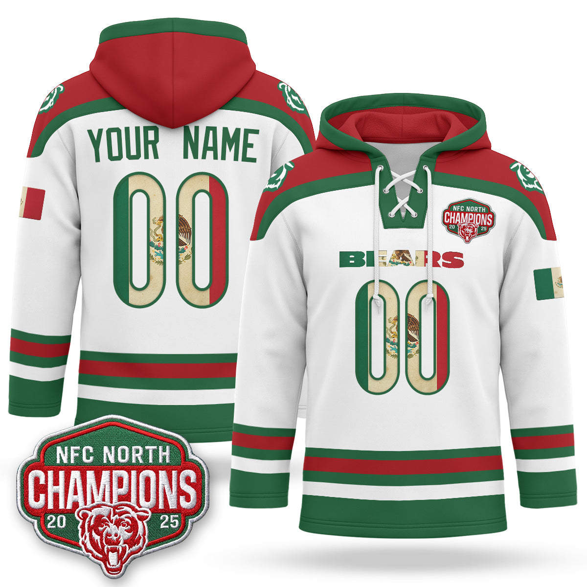 CHI 2026 Mexico NFC North Champions 2025 Patch Custom Hockey Hoodie - Stitched