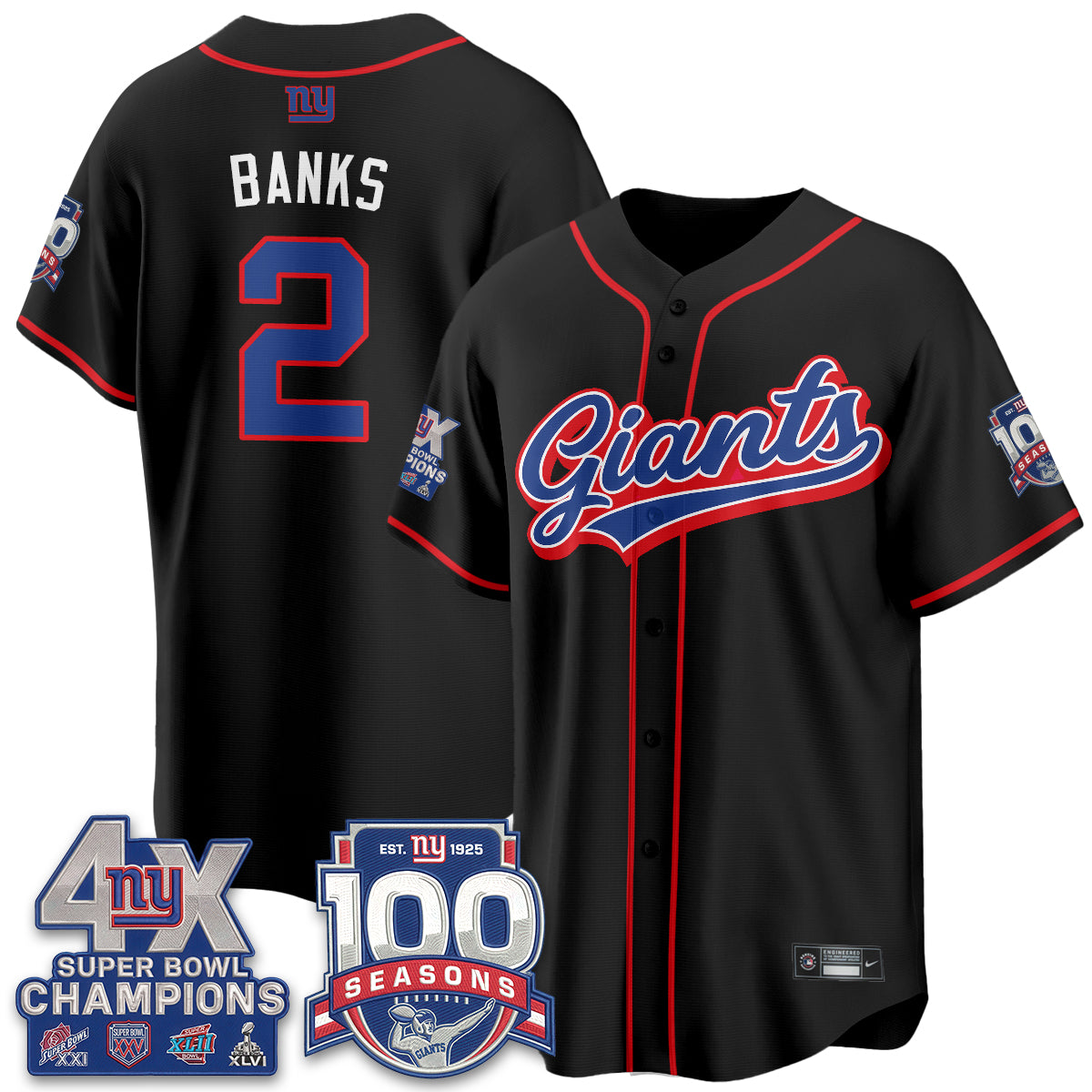 New York Giants 4X Champs & 100 Anniversary Vapor Baseball Jersey - Stitched