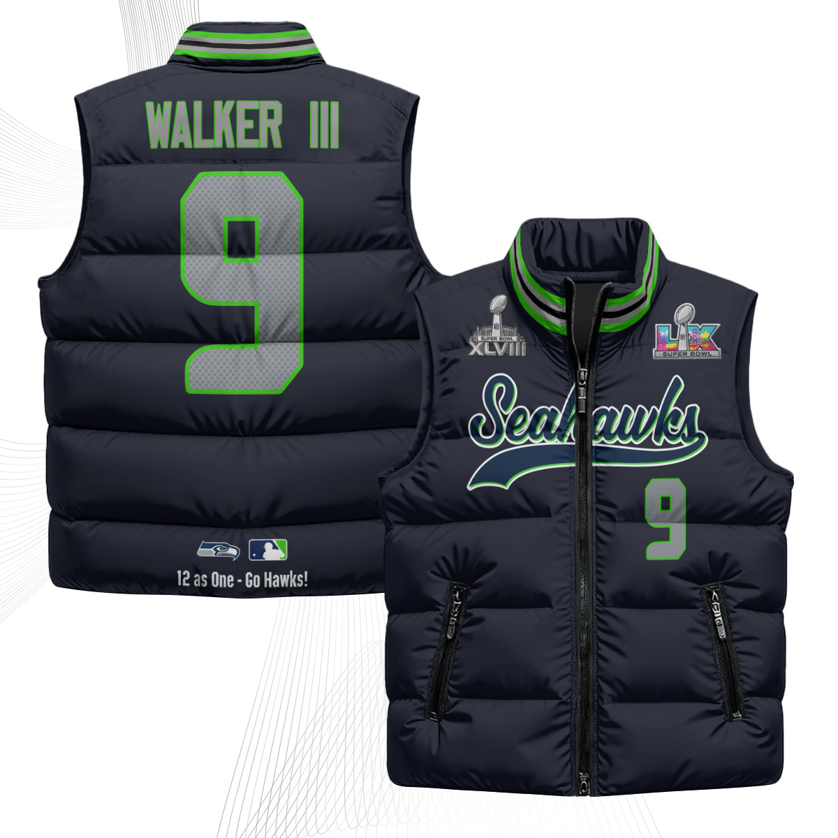 Seattle Seahawks S.Bowl Champs Puffer Vest - Printed