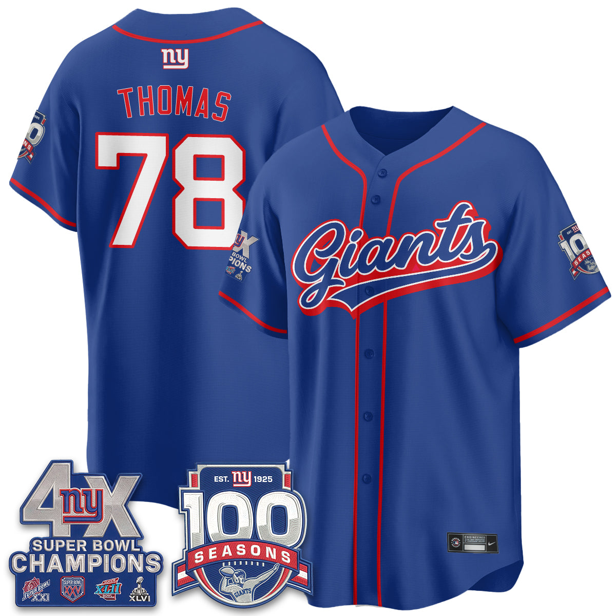New York Giants 4X Champs & 100 Anniversary Vapor Baseball Jersey - Stitched