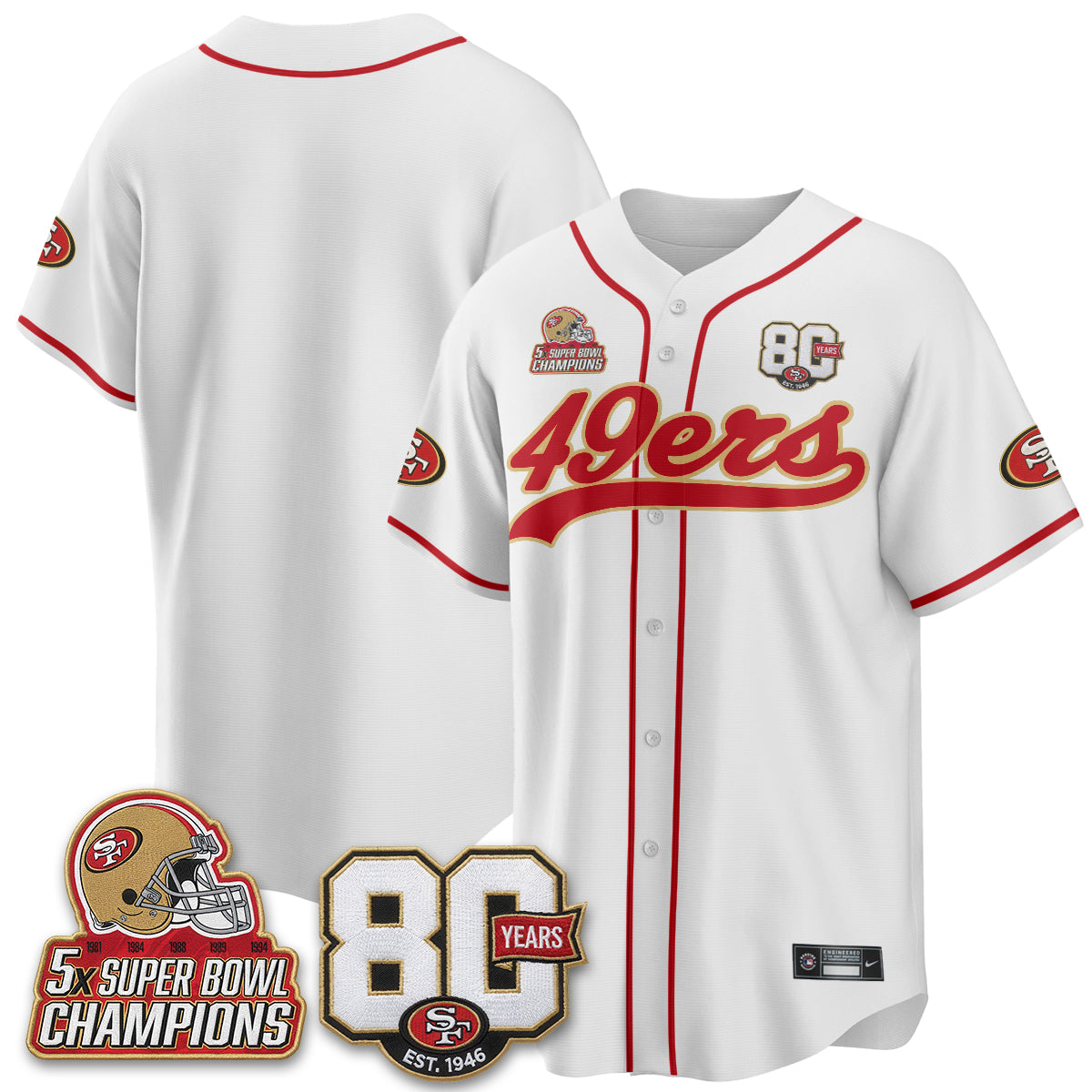 San Francisco 49ers 80 Years & 5X Champs Vapor Baseball Jersey - Stitched