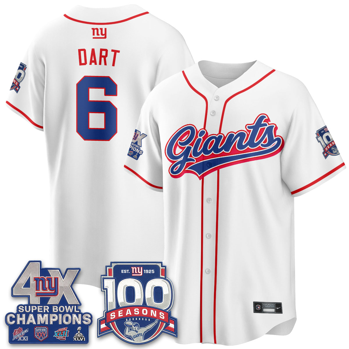 New York Giants 4X Champs & 100 Anniversary Vapor Baseball Jersey - Stitched