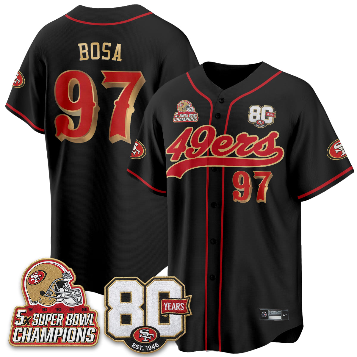 San Francisco 49ers 80 Years & 5X Champs Vapor Baseball Jersey - Stitched