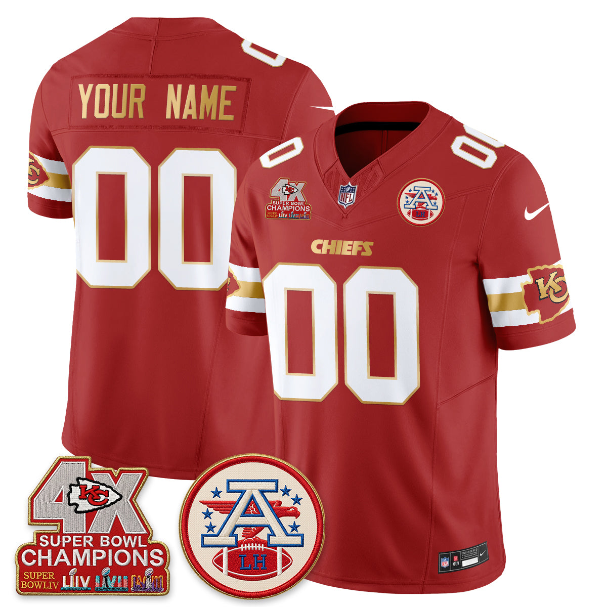 Kansas City Chiefs 4X Champs Gold Edition Vapor Custom Jersey - Stitched
