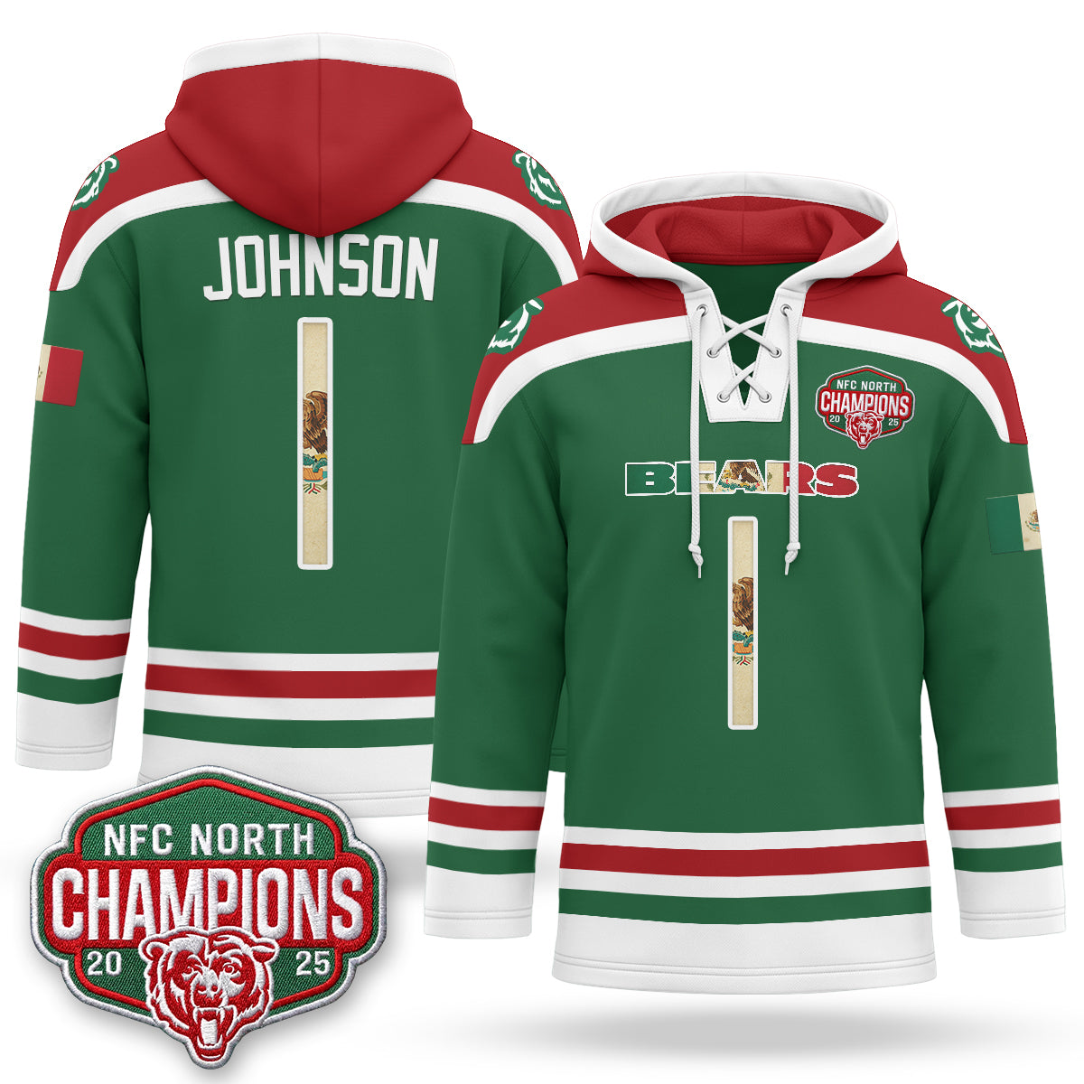 CHI 2026 Mexico NFC North Champions 2025 Patch Hockey Hoodie - Stitched