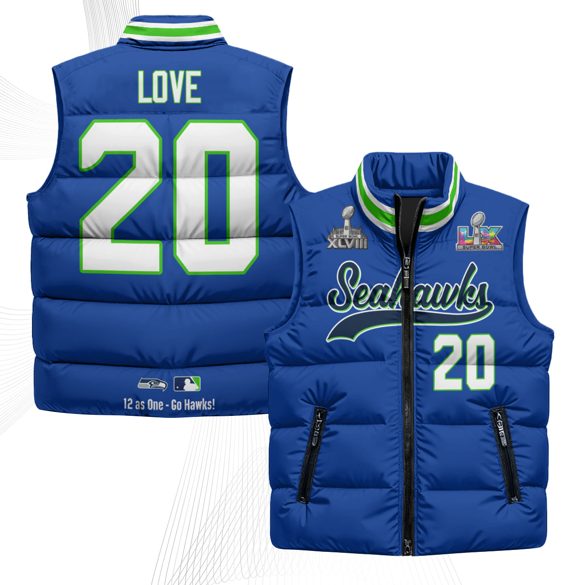 Seattle Seahawks S.Bowl Champs Puffer Vest - Printed